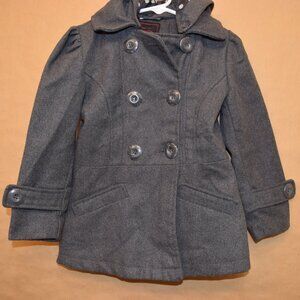 New York Yoki Gray Toddler Pea Coat – Size 3T, Removable Hood & Polka Dot Lining